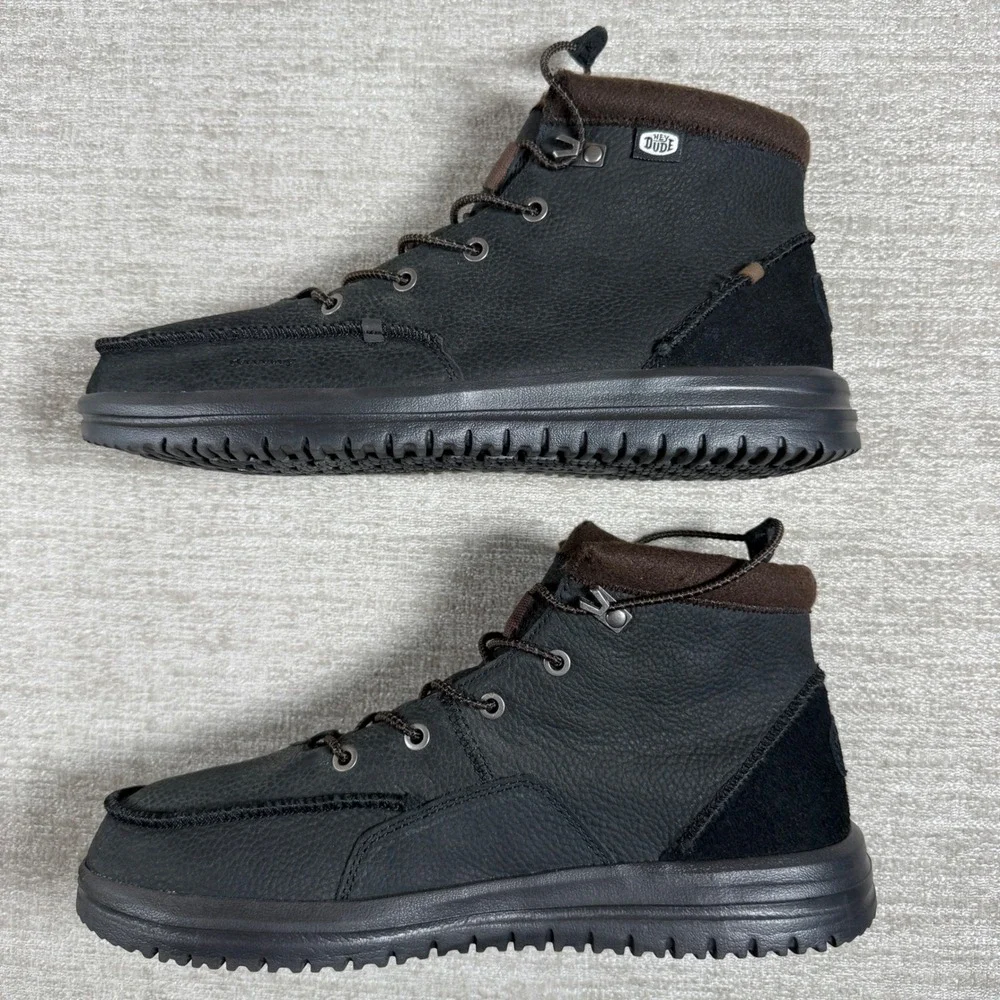 Hey Dude Mens 11 Bradley Boot Leather Black Wool Lining Moc Toe Chukka Boots
